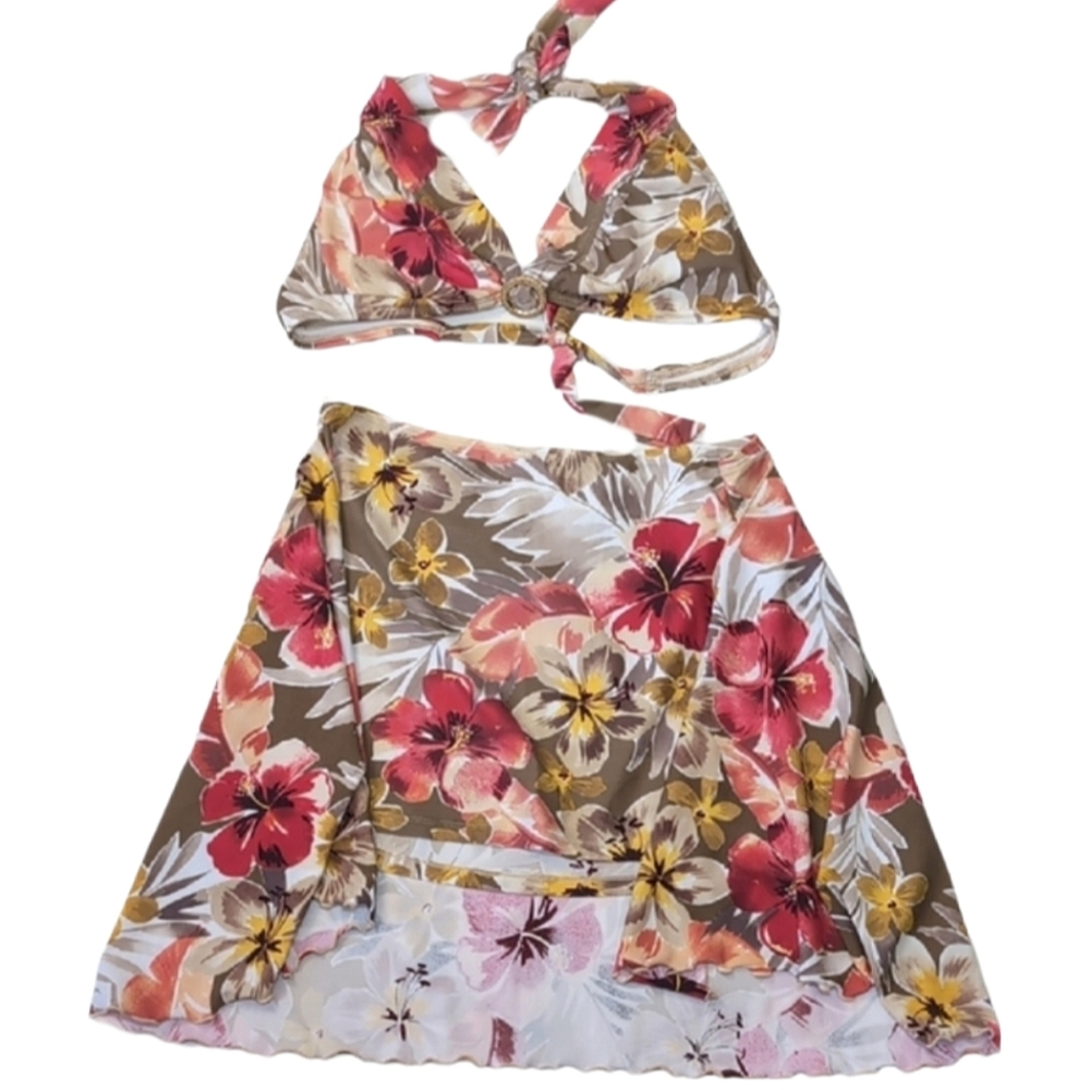Swim Systems 3pc Bikini Set Floral Halter Womens Size Large Tropical Skirt Wrap